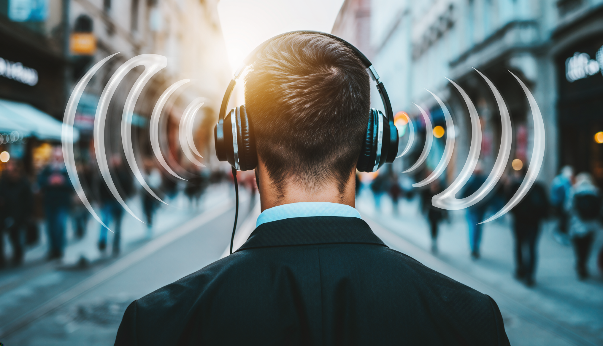 A man walking down the street wearing headphones with waves coming from them