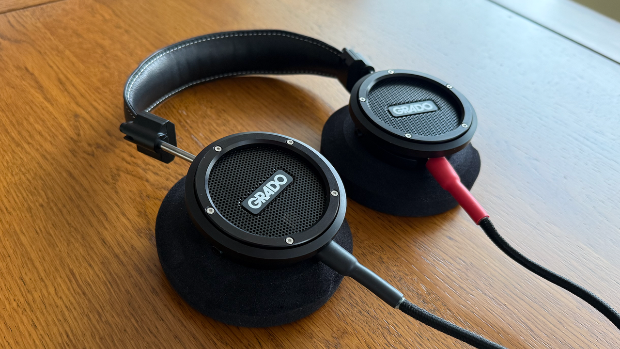 Grado Signature S750 headphones shot from an angle on a wooden table