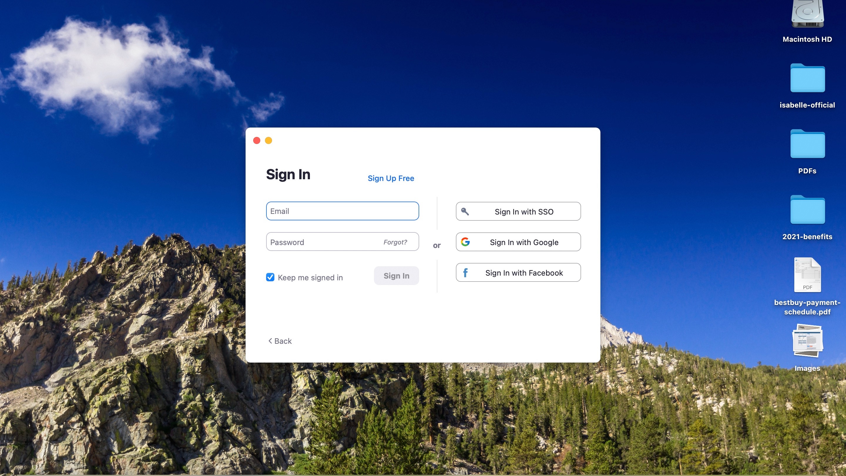 Zoom client on Mac login