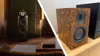 Two images of speakers, one Bowers & Wilkins, one Kanto (taken at High End Vienna) side by side in a split-screen image