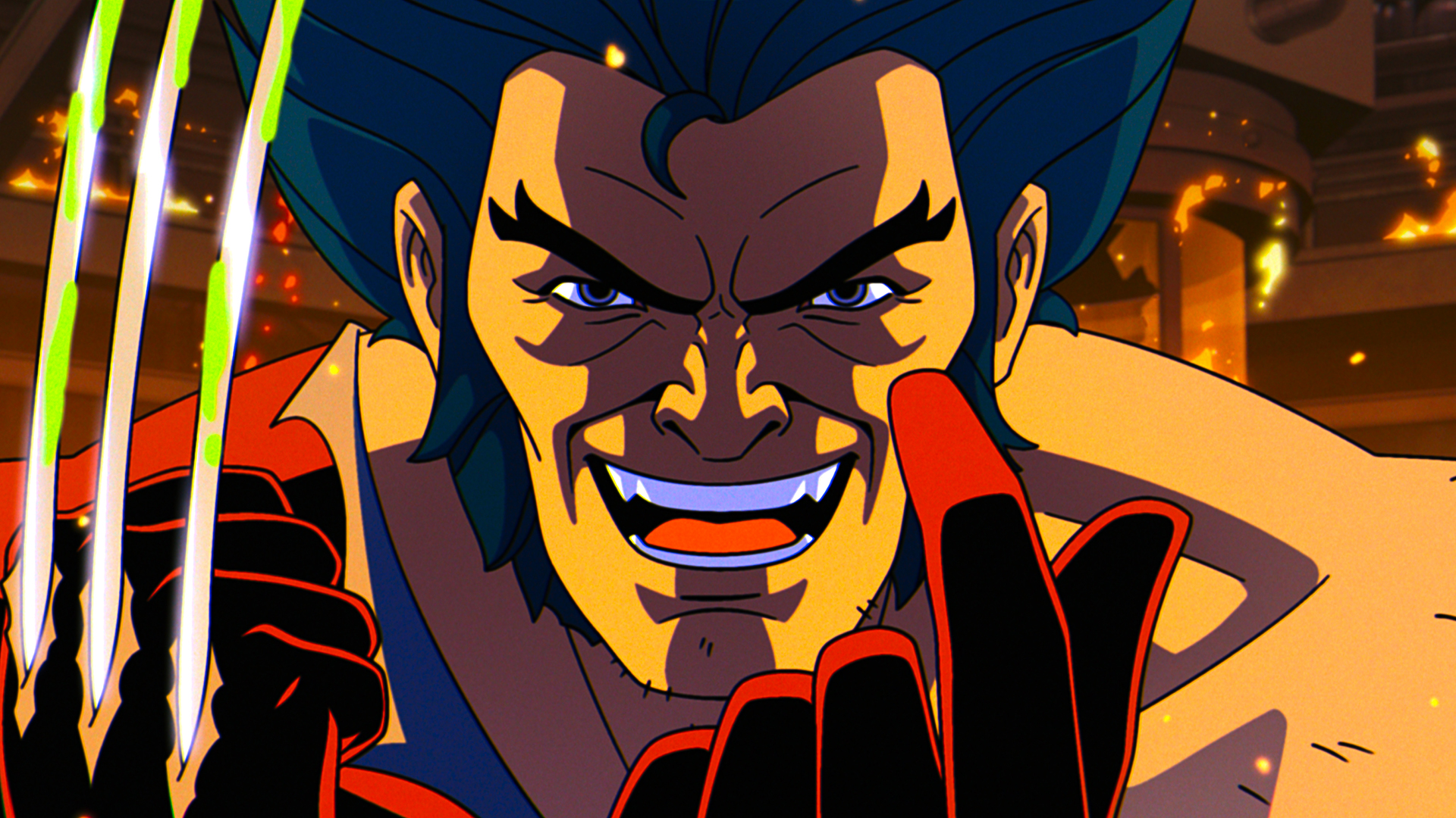 A close-up of a smiling Wolvering with his adamantium claws popping out of his right hand in X-Men 97 season 2