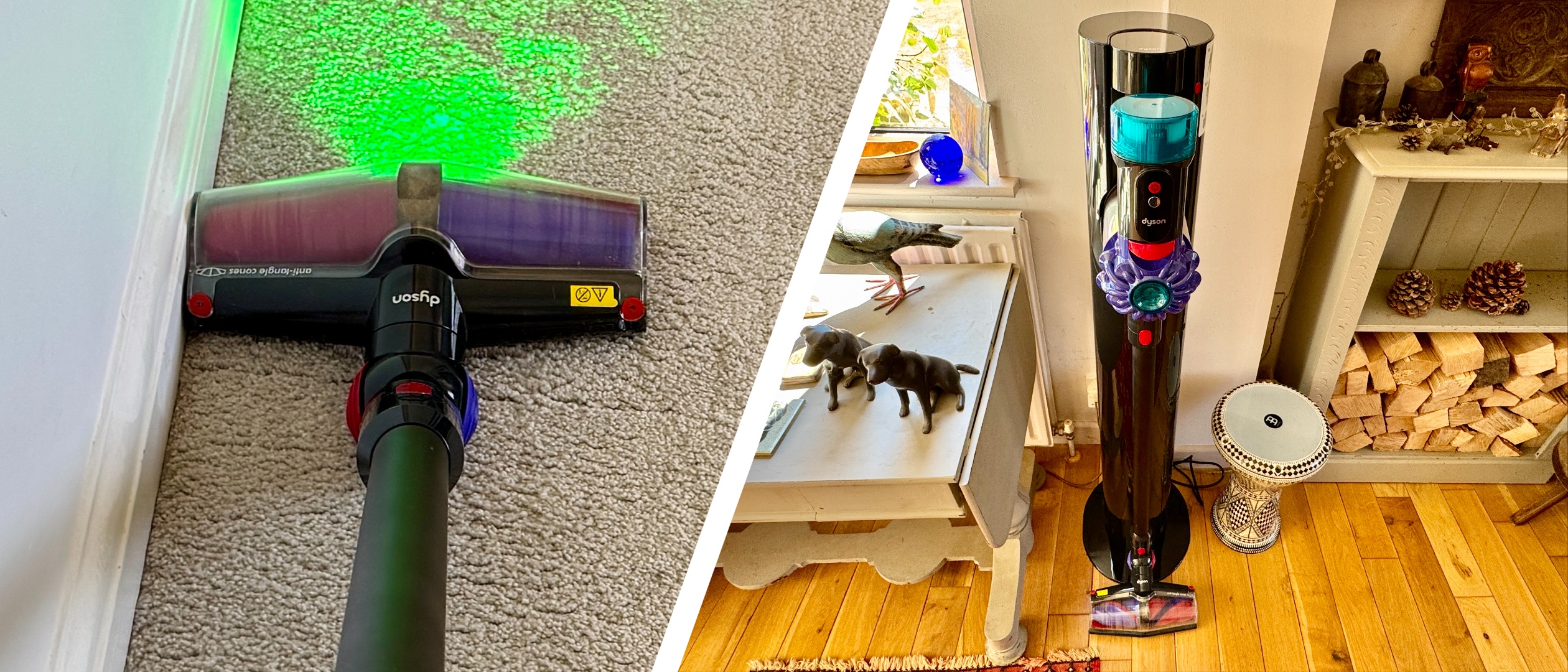 Split image of Dyson v10 Konical + Auto-empty Dok floorhead, and vacuum cleaner in charging stand