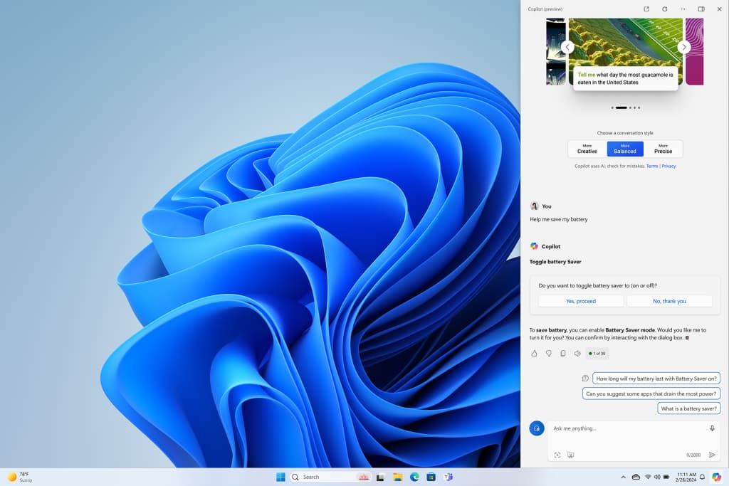 screenshot of Windows Copilot features