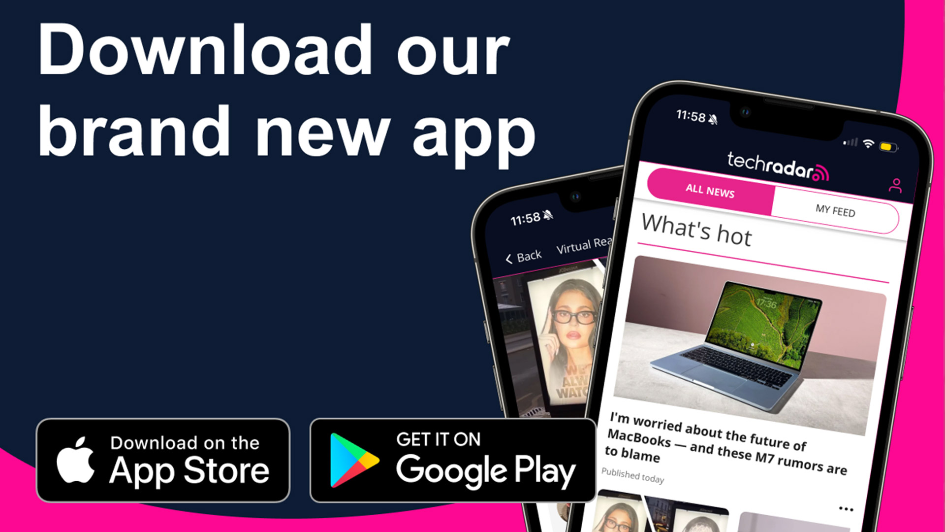 An ad for the TechRadar app with copy saying 'Download our brand new app' next to two phones displaying the app