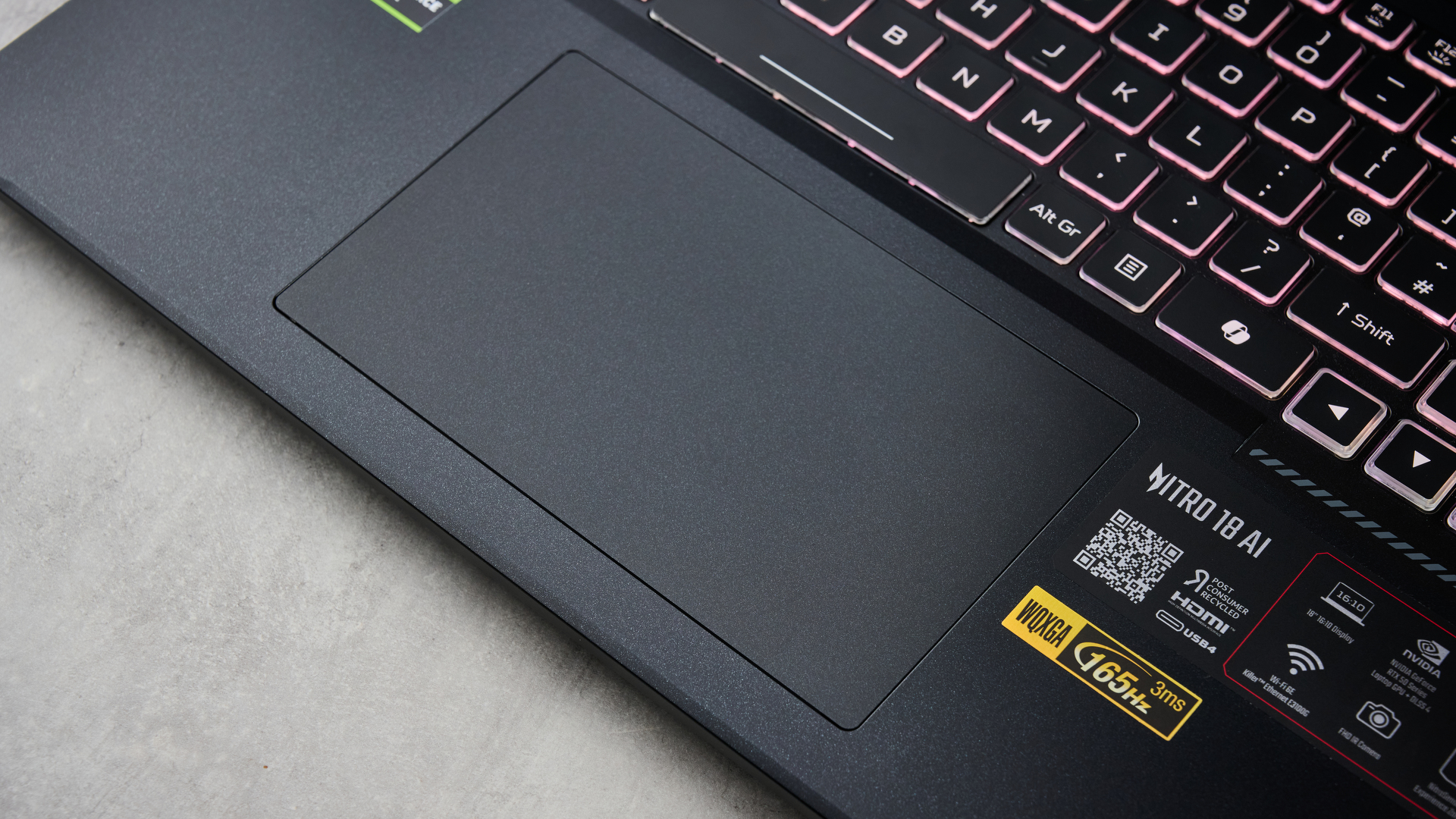 Close-up of touchpad on Acer Nitro 18 AI
