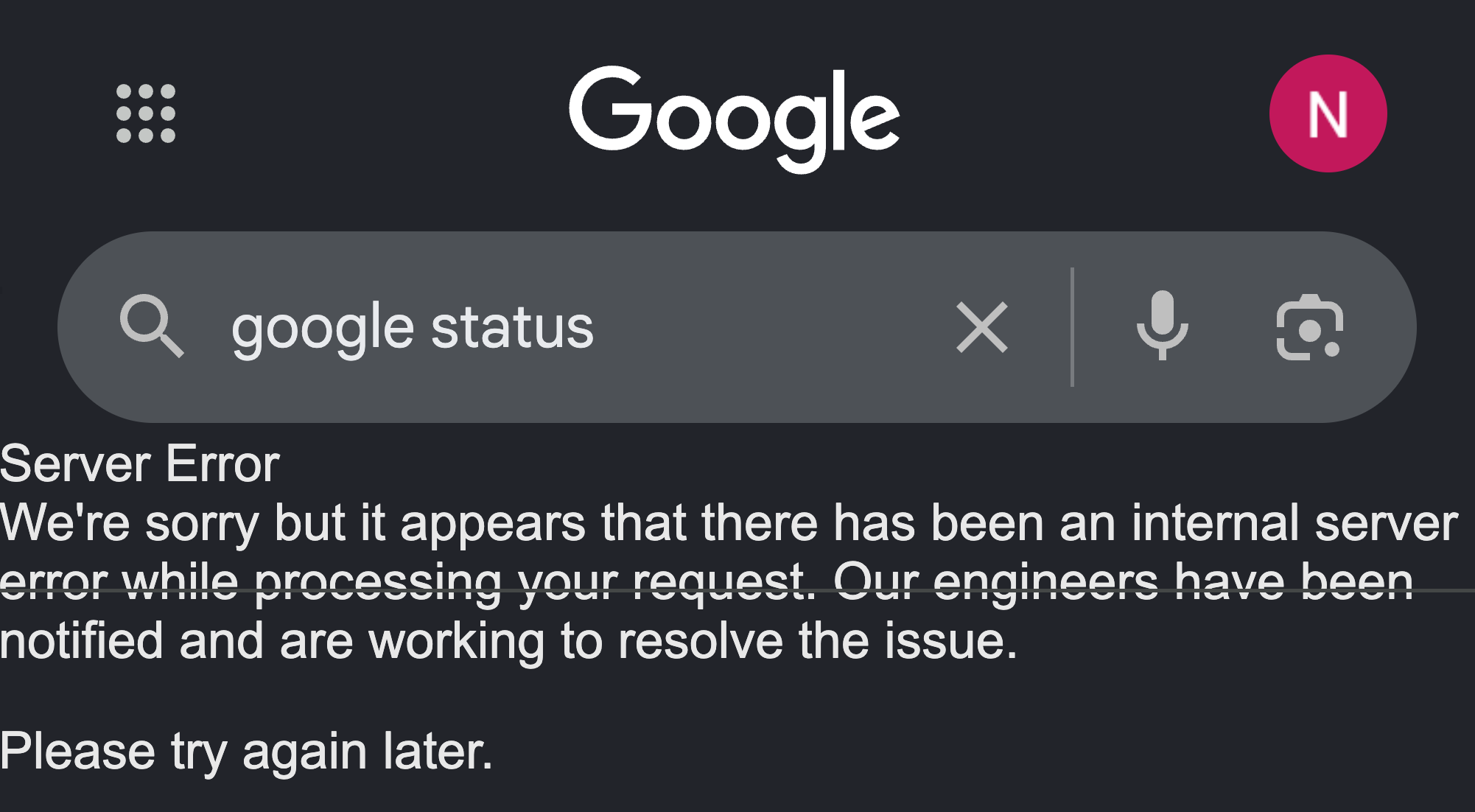 Google search error message