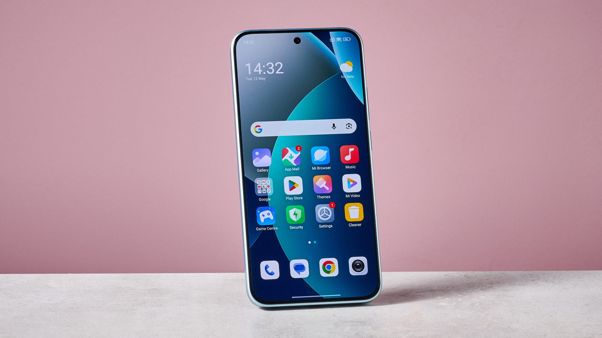 Xiaomi Redmi Note 15 Pro 5G against pink background with display on