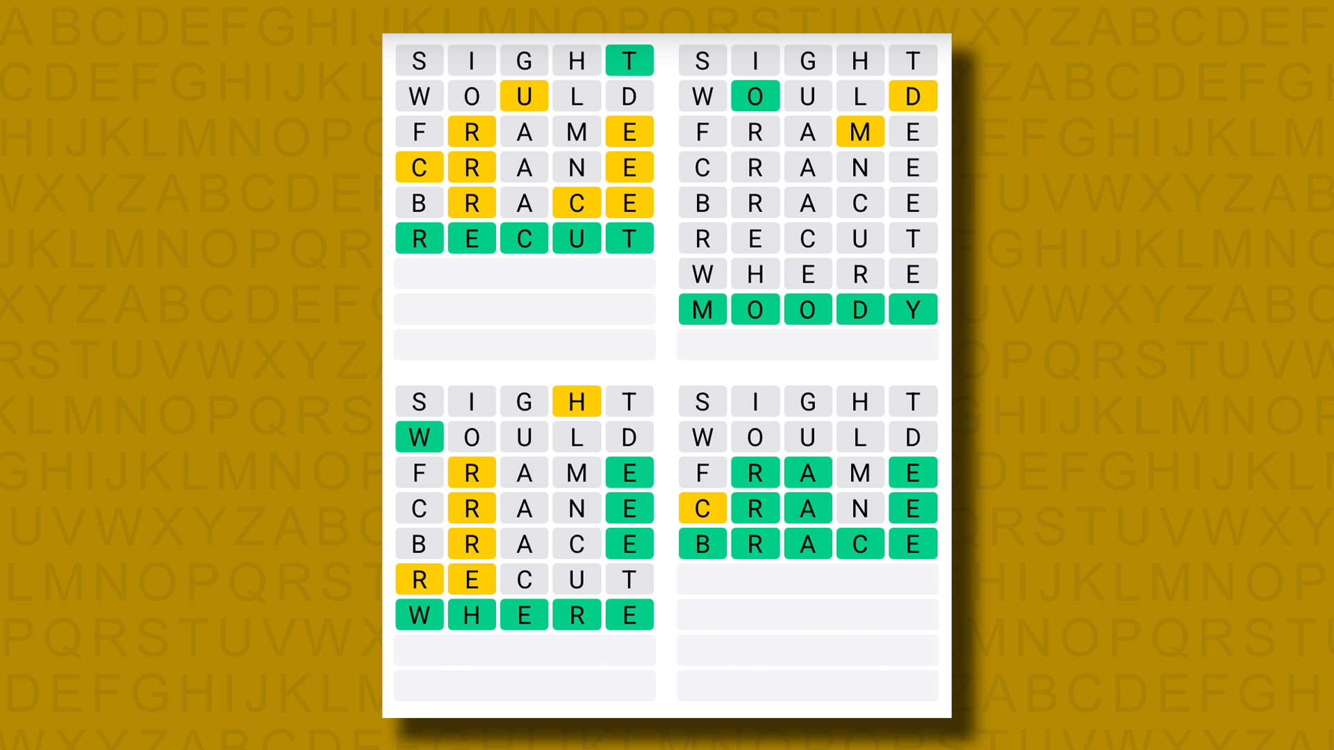 Quordle answers for game 1162 on a yellow background