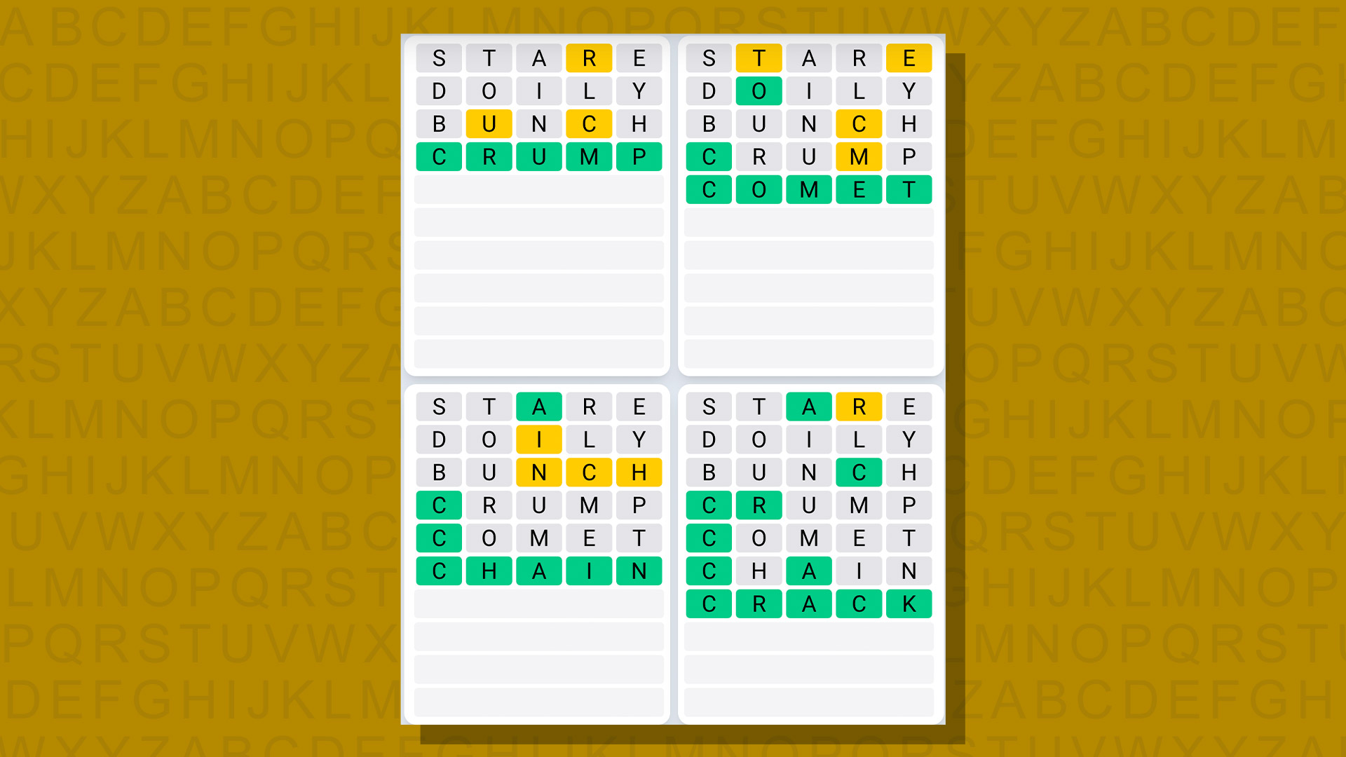 Quordle daily sequence answers for game 682 on a yellow background