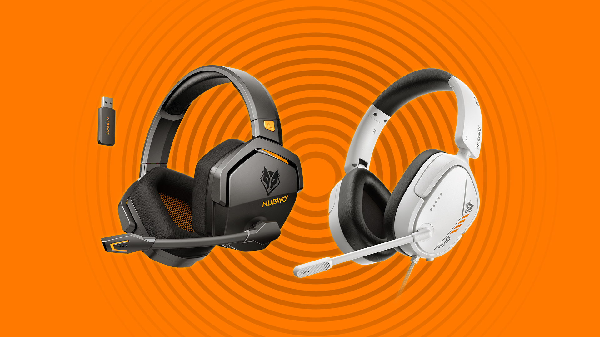 The NUBWO G06 and HG04L gaming headsets on an orange background