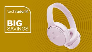 Bose QuietComfort Headphones in limited edition color Petal Pink on yellow background with TechRadar big savings sign