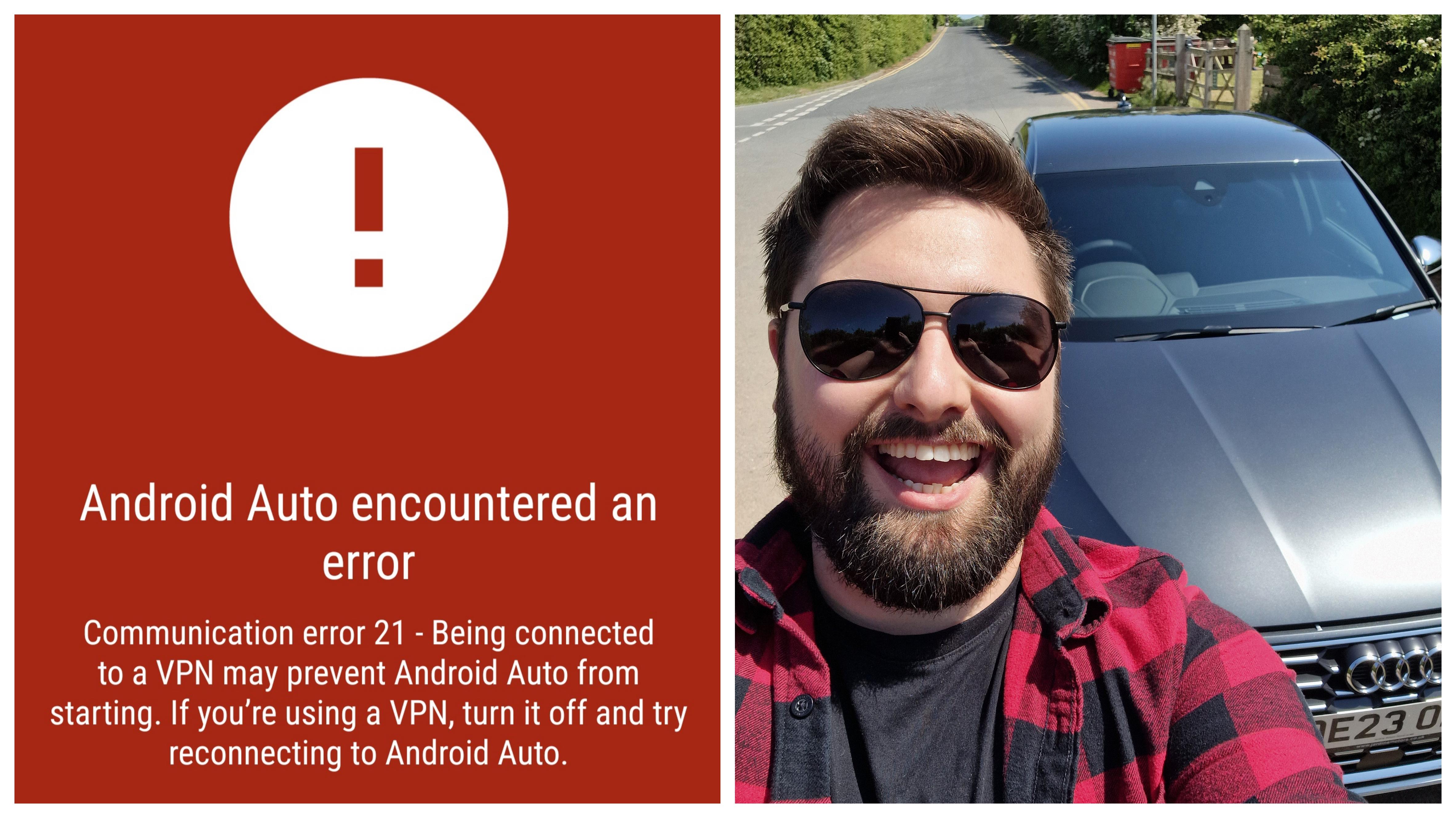 Andreas Theodorou with his car next to an Android Auto VPN detection error