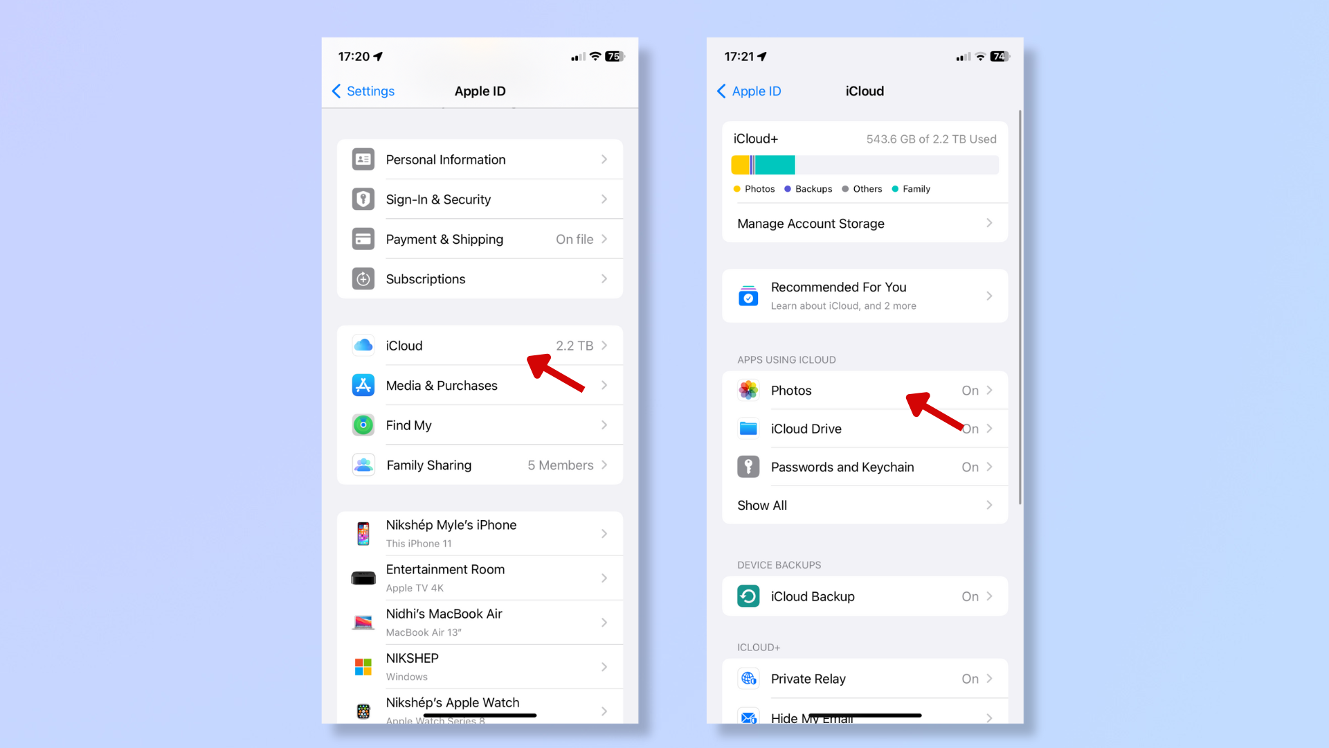 The screenshots shows the iPhone's Settings app, with red arrows pointing at iCloud and Photos. 