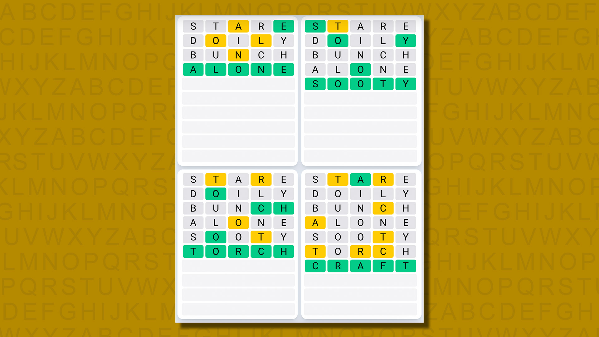 Quordle daily sequence answers for game 618 on a yellow background