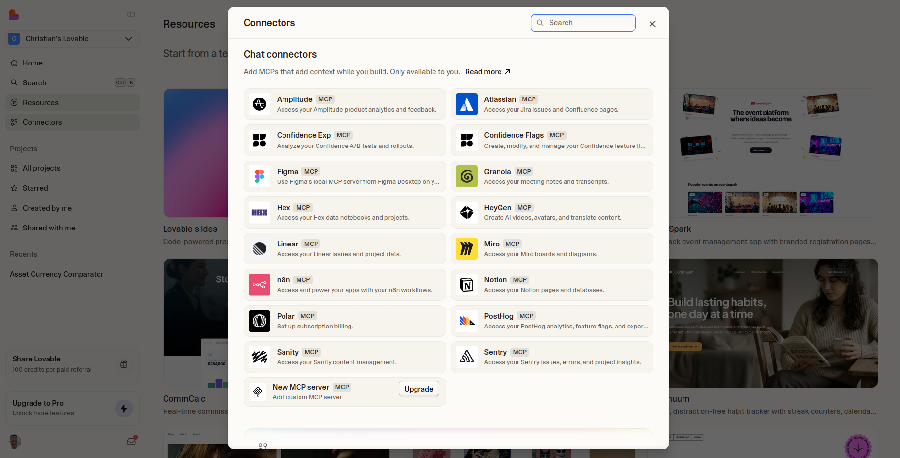 A list of the connectors available for no-code projects in Lovable.