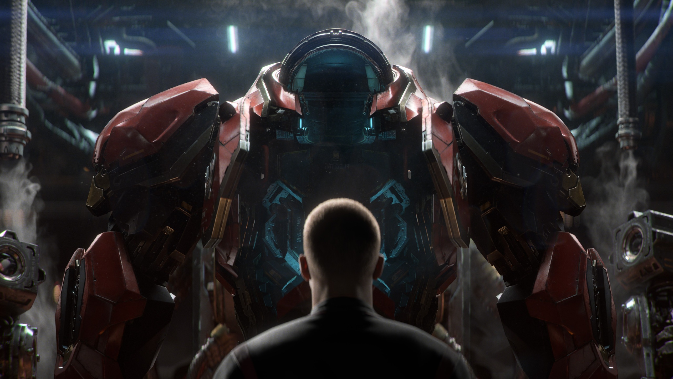 A still from the StarCraft teaser trailer showing a recruit looking into the giant power armor