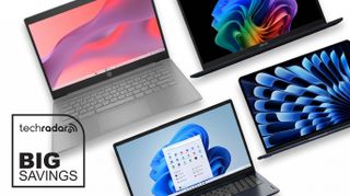 Collage of an HP, Asus, Lenovo and Apple laptop on a white background