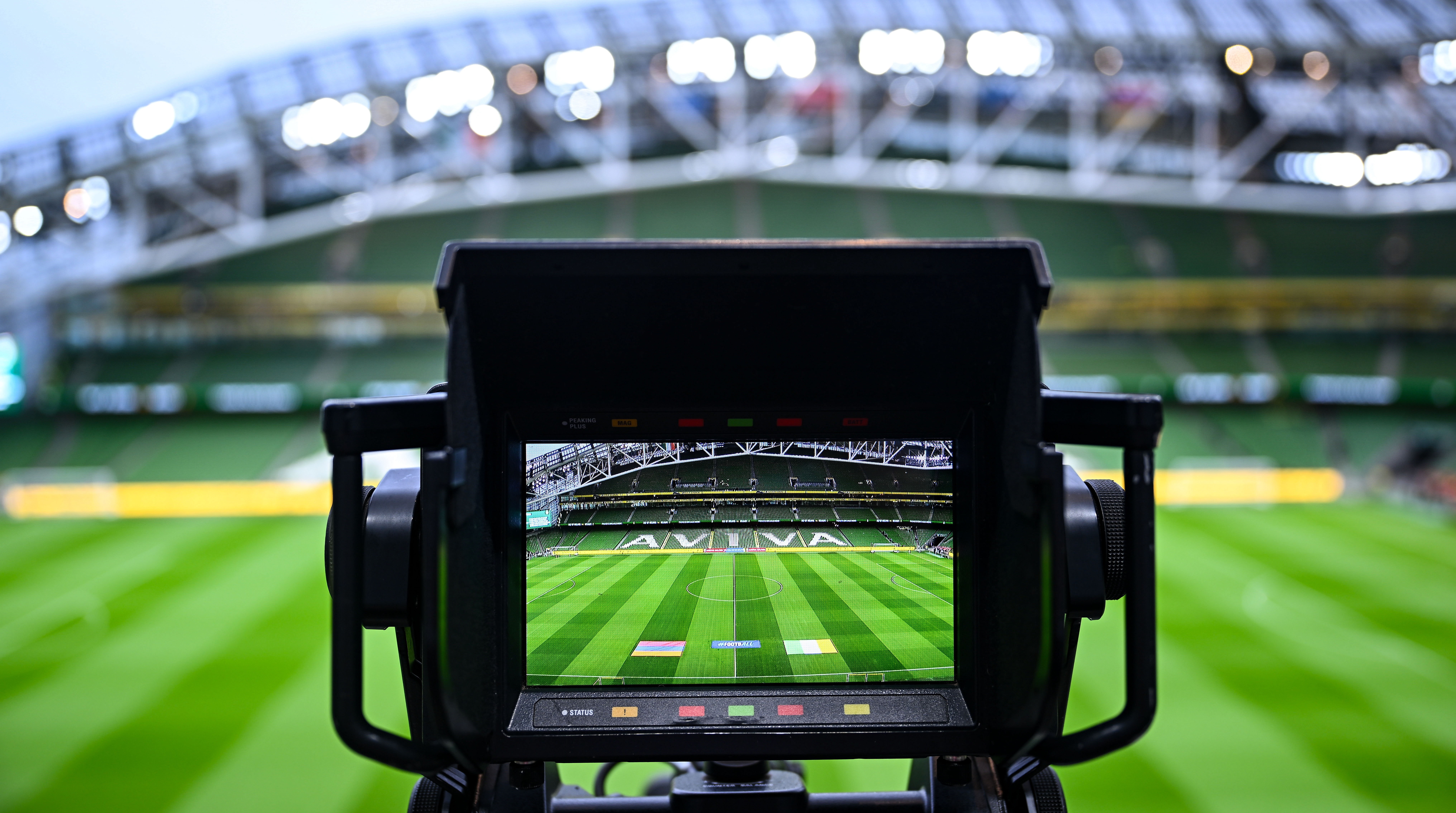 Broadcast equipment is seen before the FIFA World Cup 2026 Group F qualifying match between Republic of Ireland and Armenia at the Aviva Stadium in Dublin. (Photo By Piaras &Oacute; M&iacute;dheach/Sportsfile via Getty Images)
