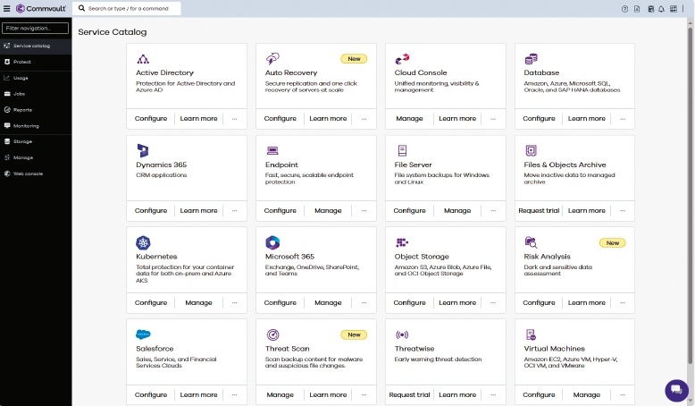 Desktop screenshot of the Commvault Cloud service catalog