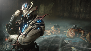 Screenshot of Warframe's Tau update, showing new playable frame Brysko investigating a crime scene.