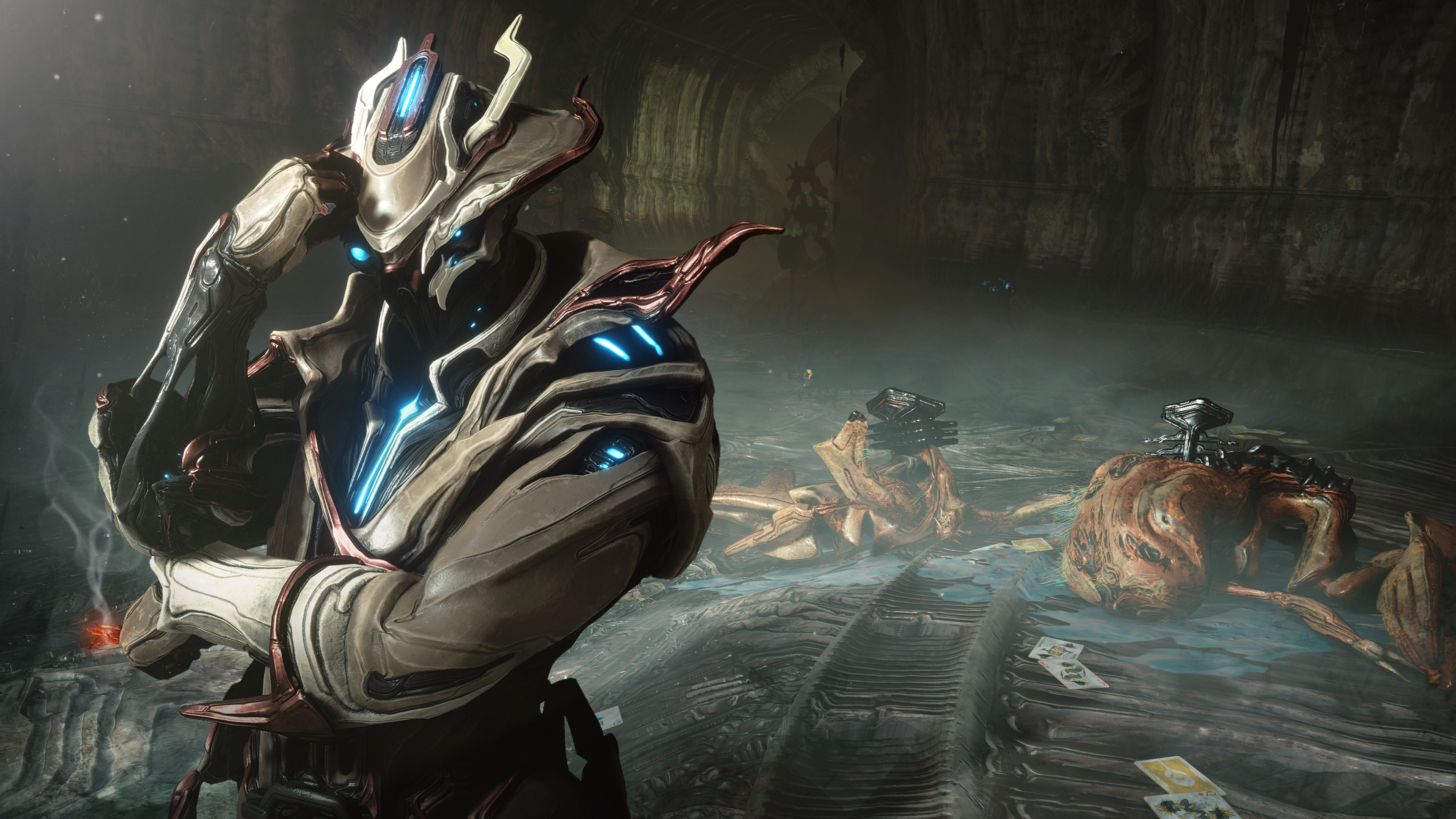 Screenshot of Warframe's Tau update, showing new playable frame Brysko investigating a crime scene.