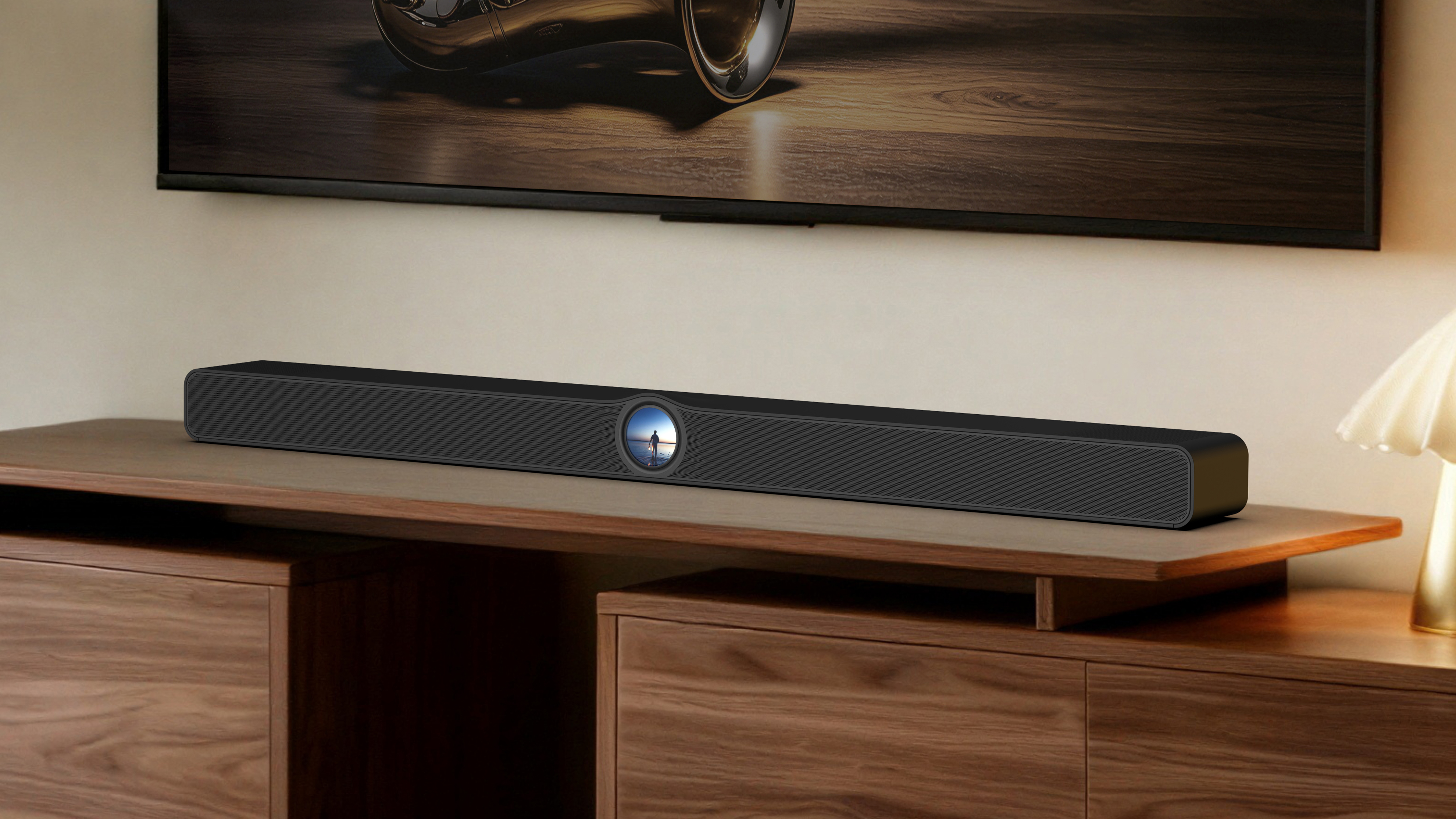 The WiiM Bar on a wooden stand under a TV