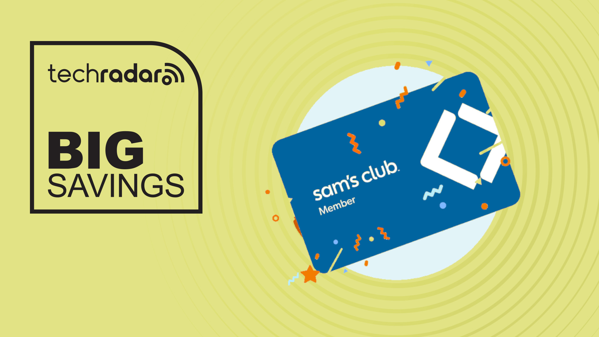 Sam's Club membership card on yellow background, with TechRadar Big Savings text overlay