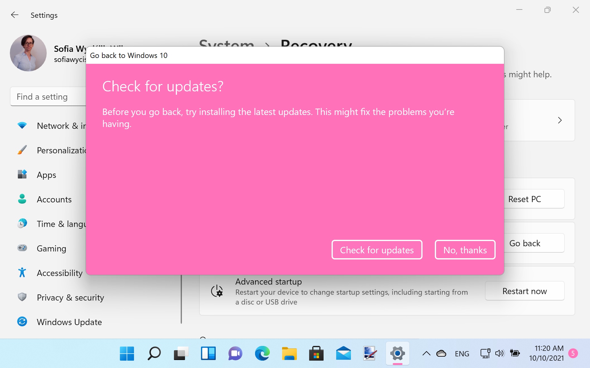 A window asking if you want to check for updates