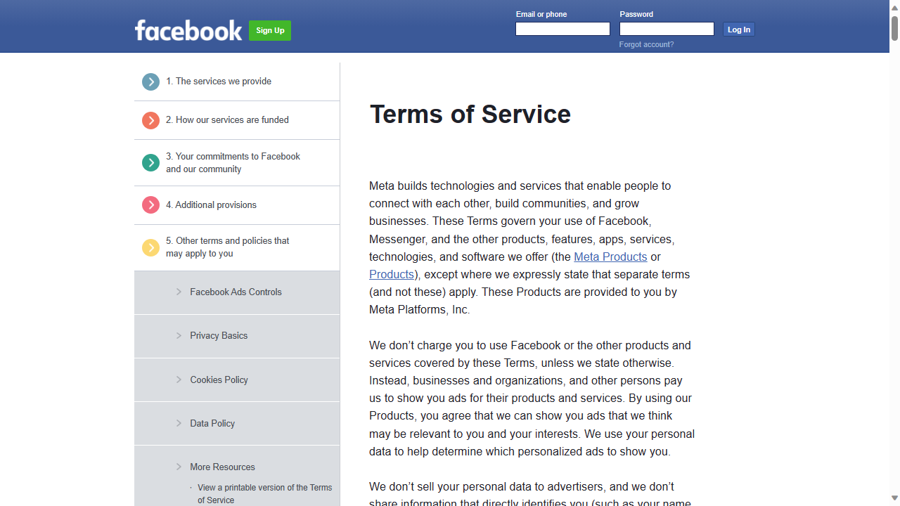 Facebook T&amp;amp;C page