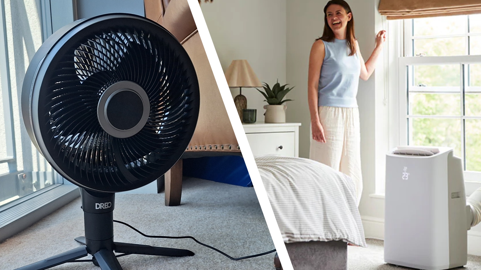 Split image of Dreo fan in reviewer's home and promotional image of Meaco air conditioner in bedroom