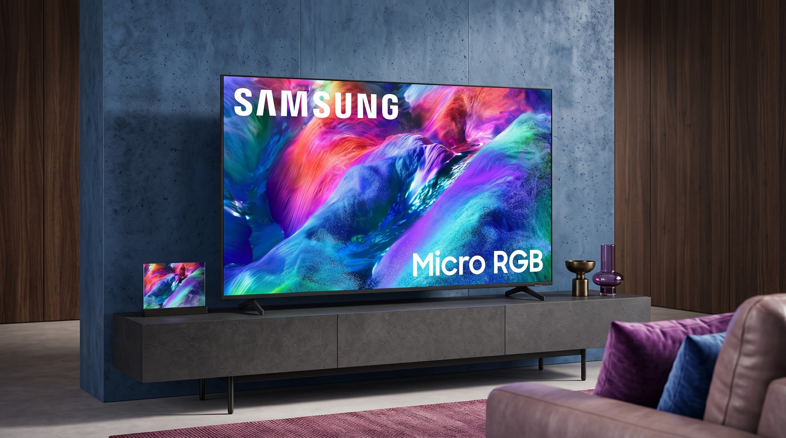 The Samsung R85H Micro RGB TV in a modern home environment, placed on top of a long black TV stand against a blue wall, with a purple sofa opposite and a wine-colored rug on the floor.