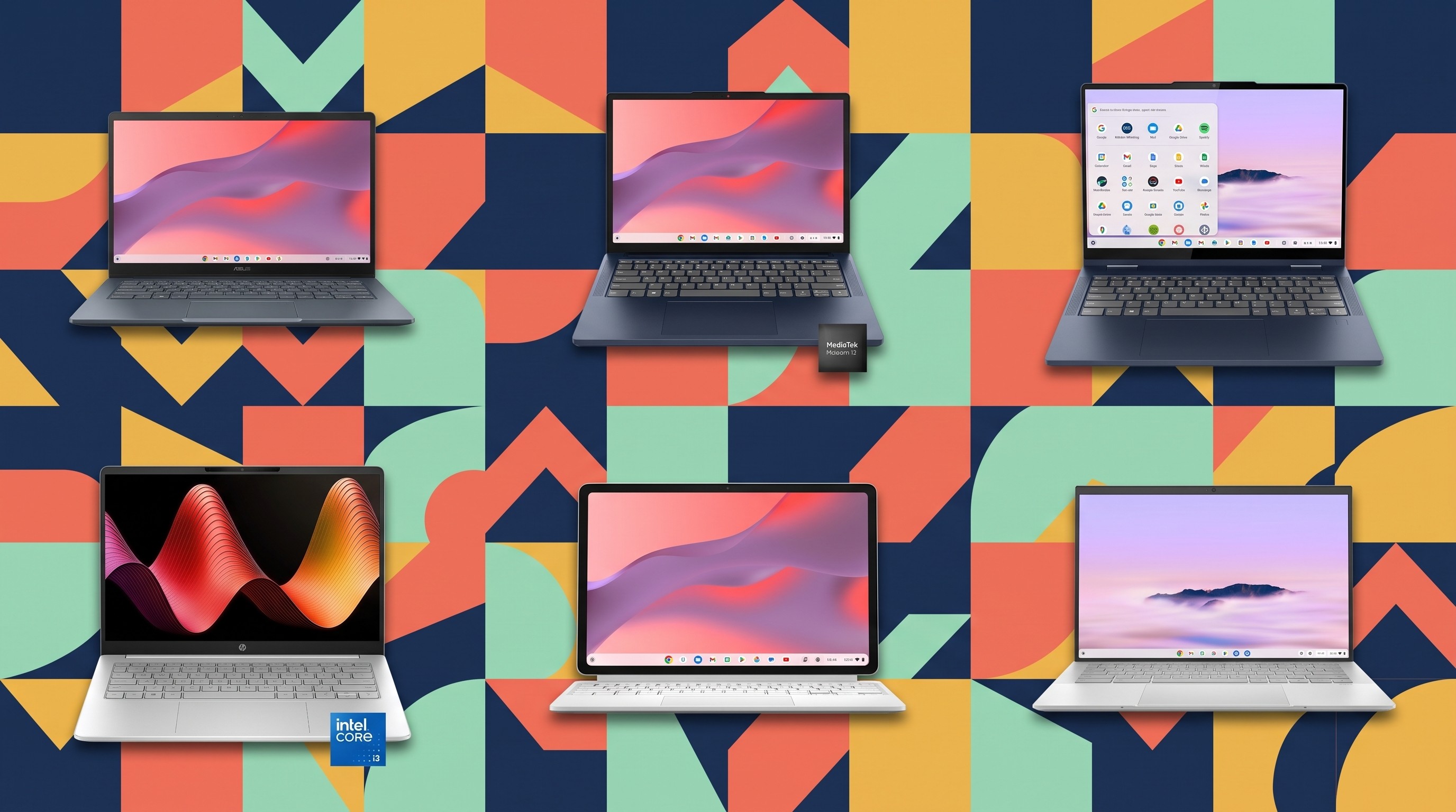 A collage of six Chromebook laptops on a patterned background