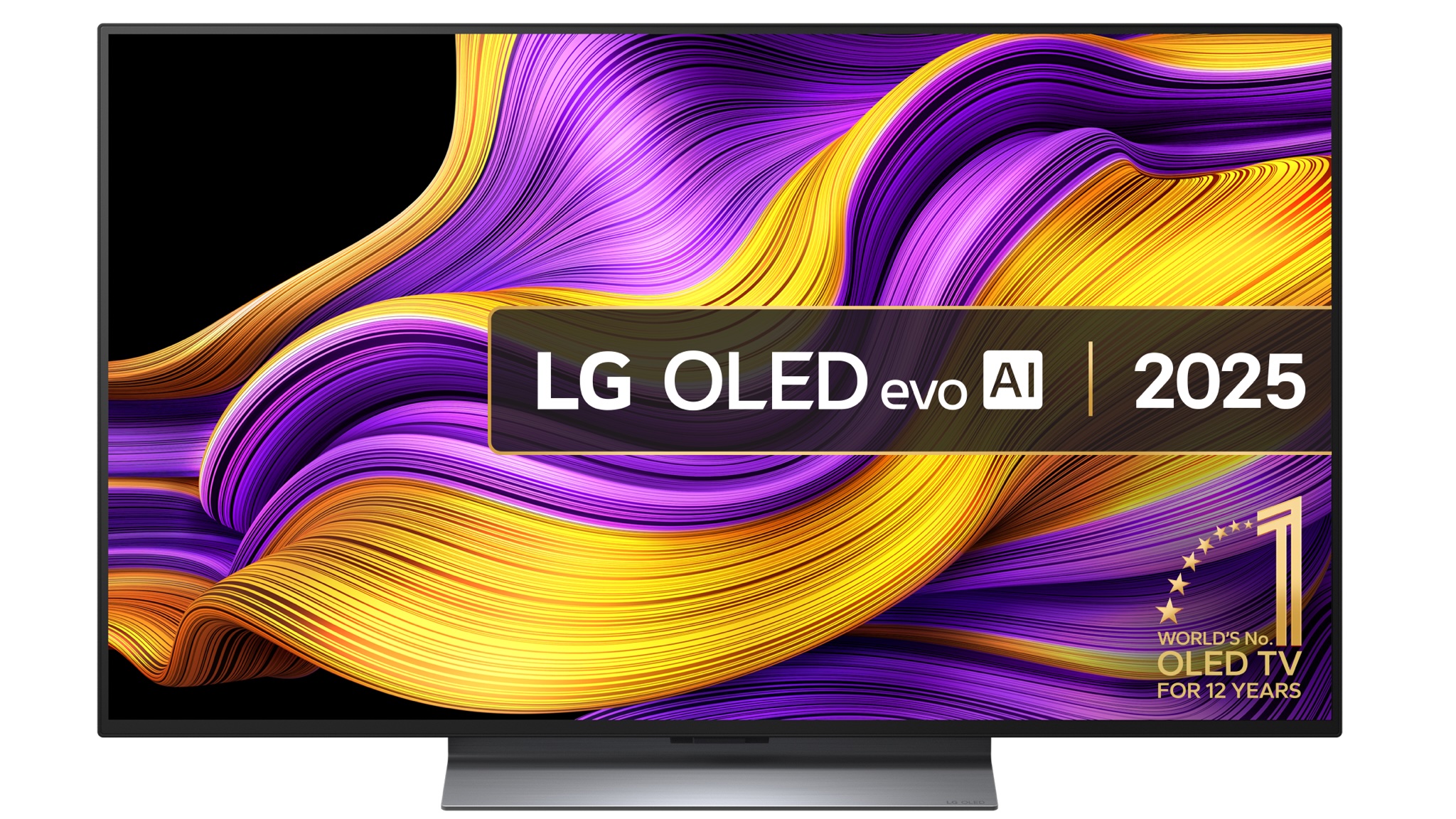 A front view of the LG G5 OLED TV displaying a purple and yellow swirl and the model: LG OLED Evo AI 2025