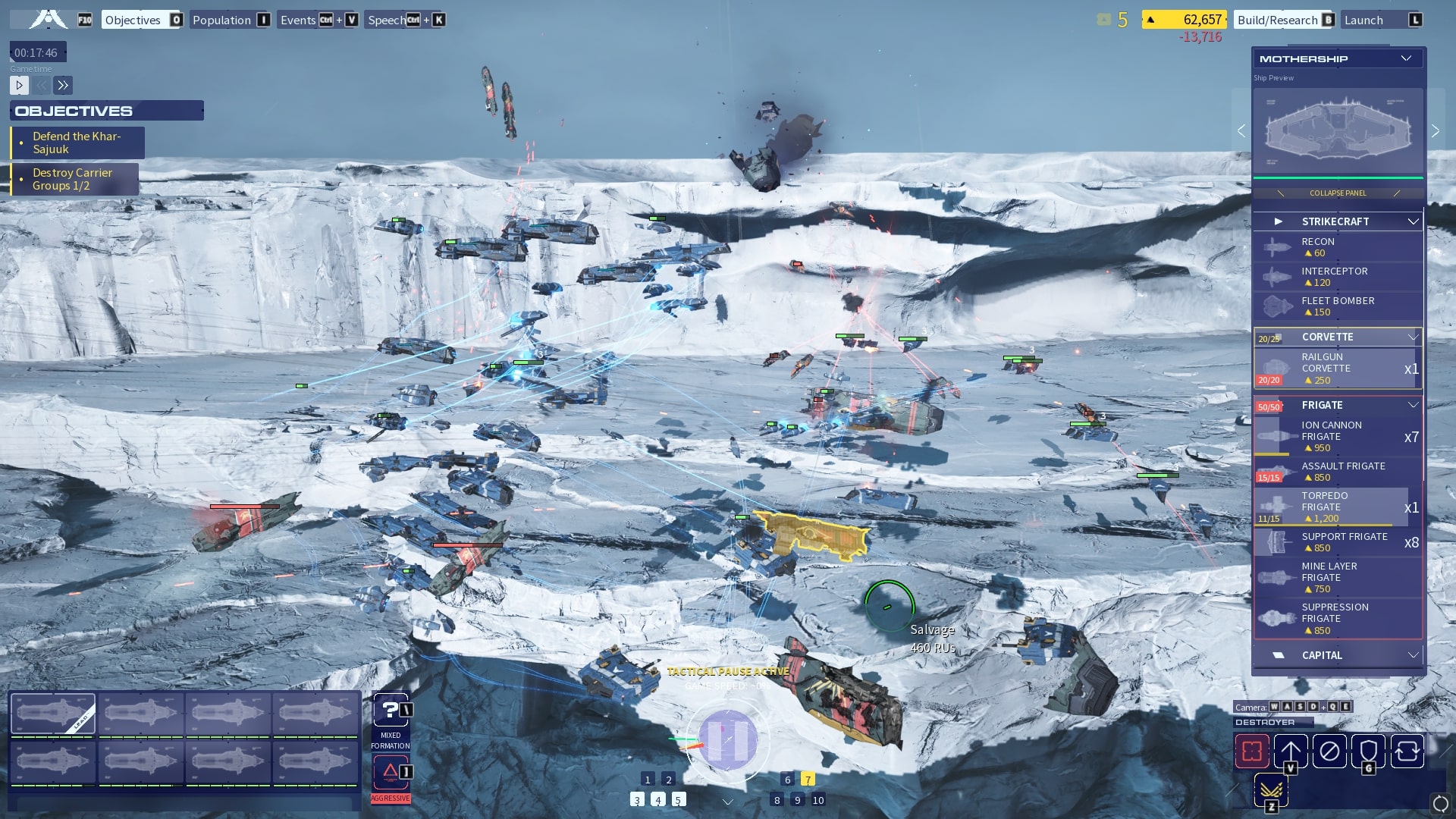 A busy fight above an icy planet in Homeworld 3.