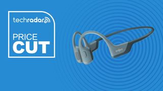 SHOKZ OpenRun Pro-Bone Conduction Headphones in blue on blue background with TechRadar price cut sign