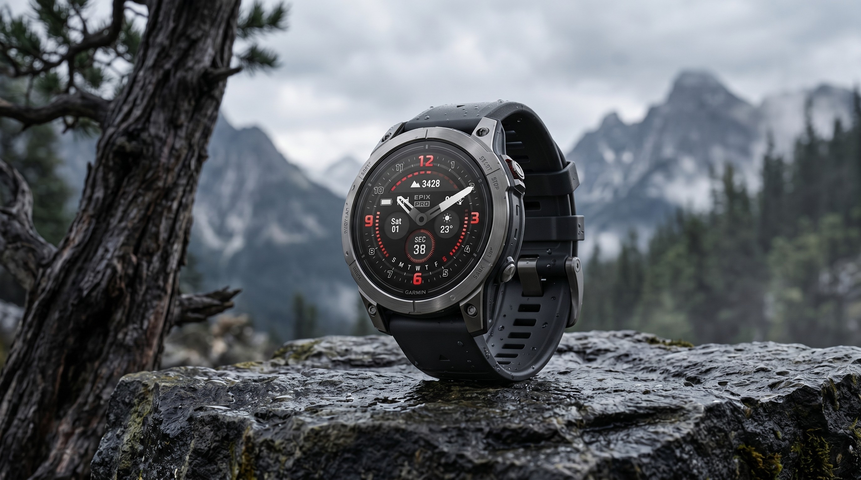A shot of the Garmin Epix Pro Gen 2 sat on a rock with mountains and trees in the background
