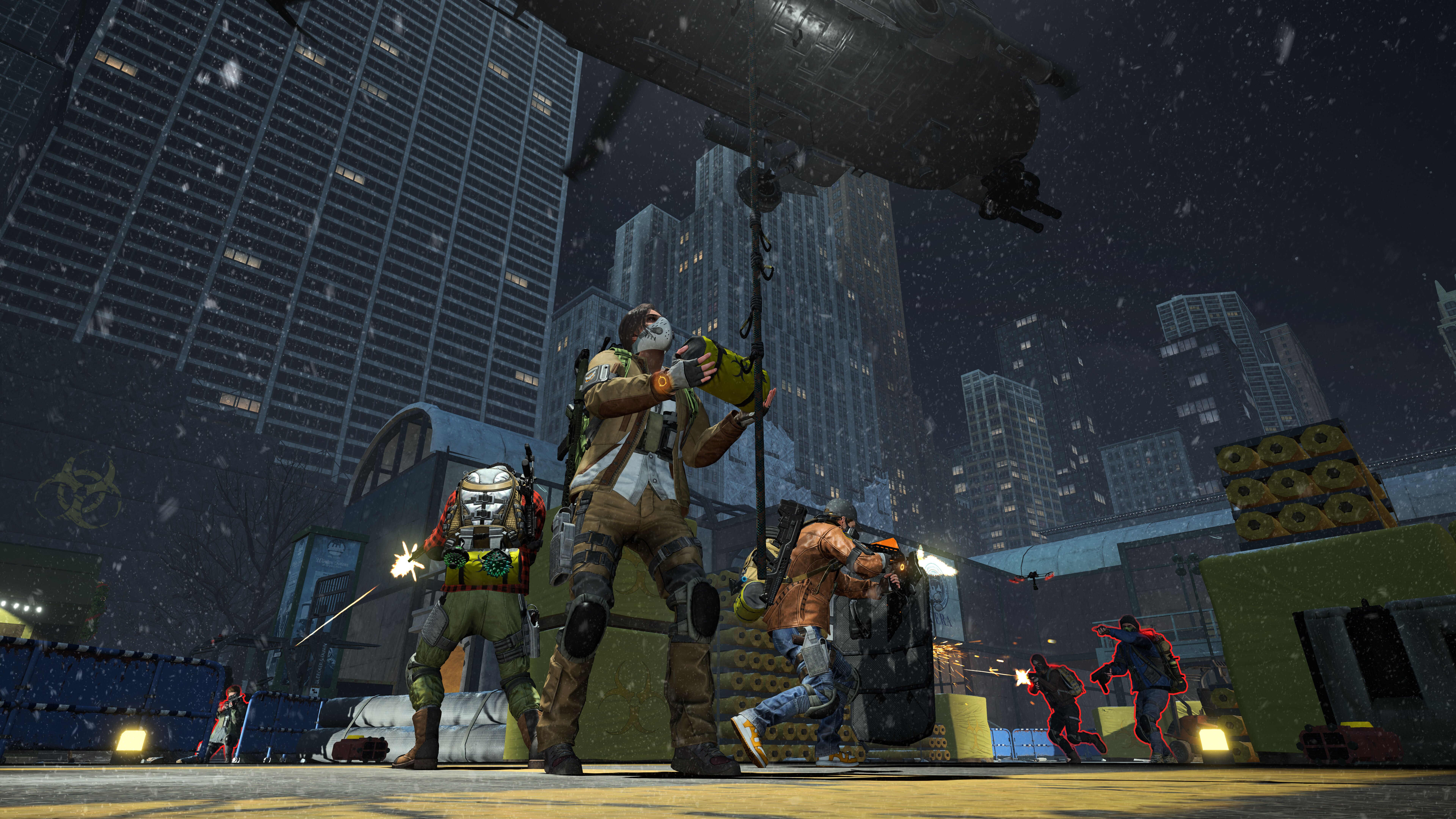 A screenshot from The Division Resurgence showing three players taking on enemies in the streets.