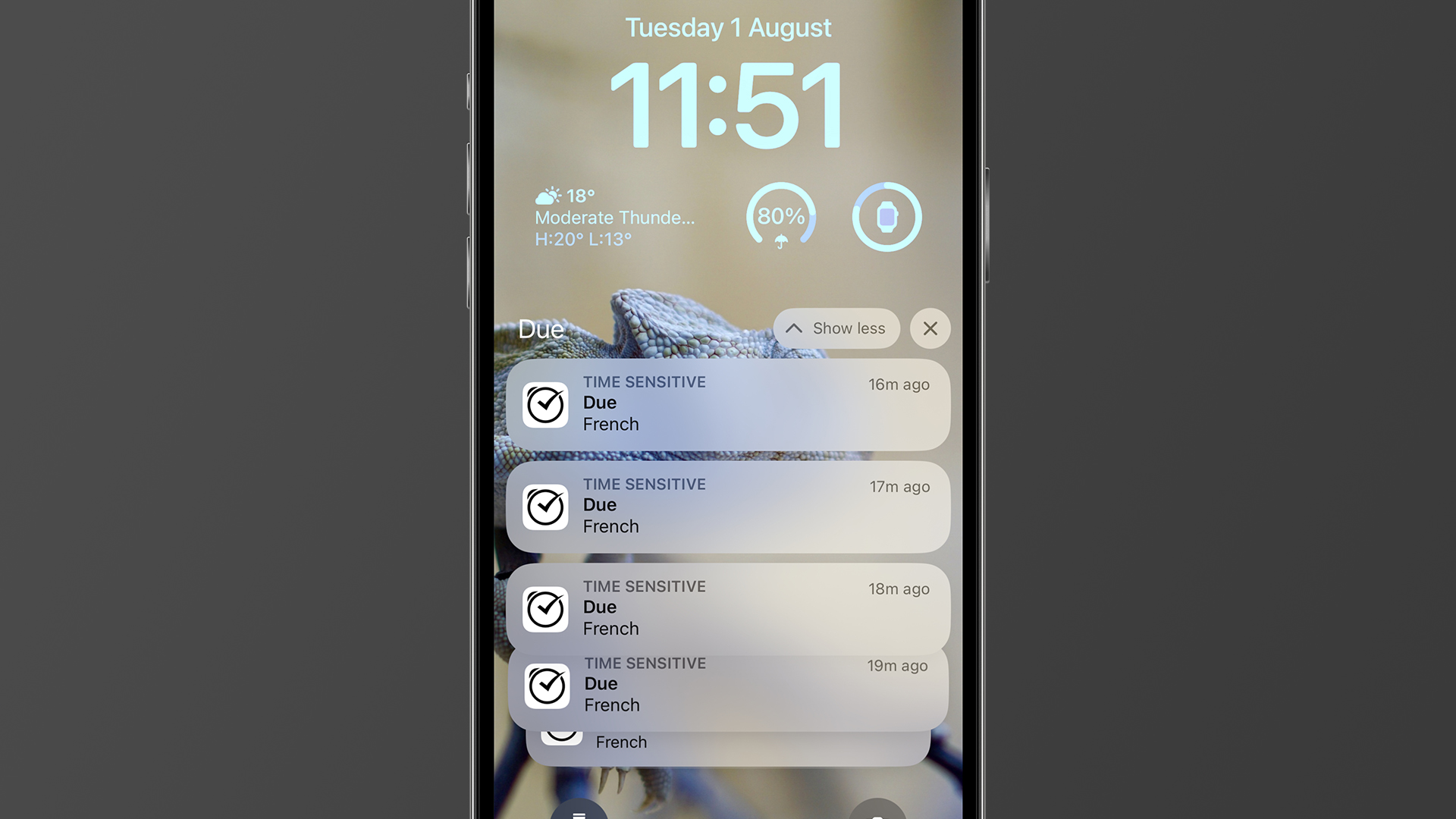 An iPhone home screen showing lots of reminders from the Due app