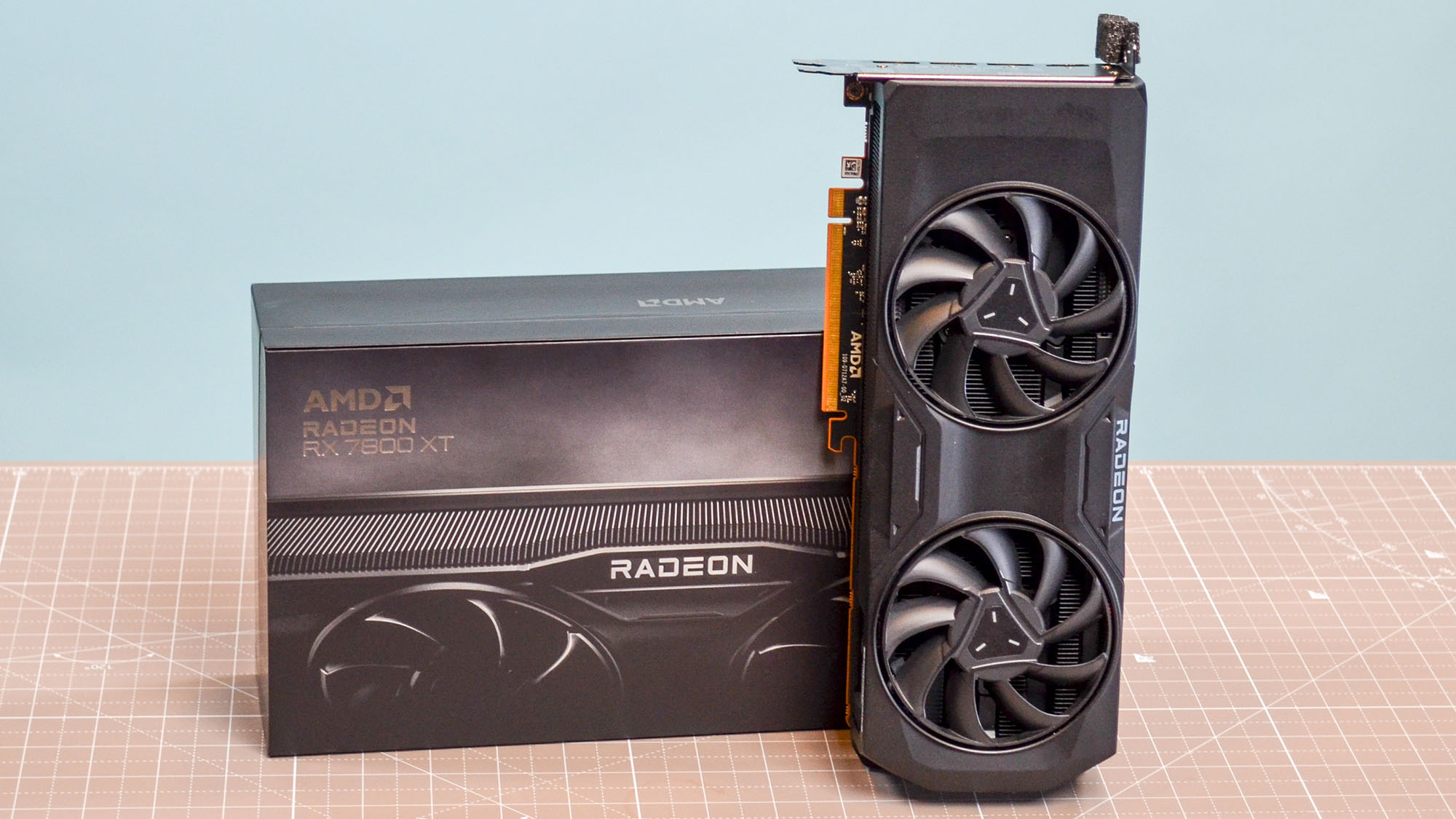 An AMD Radeon RX 7800 XT on a table