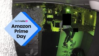 Night time footage taken with home security camera, and an Amazon Prime Day deal badge.