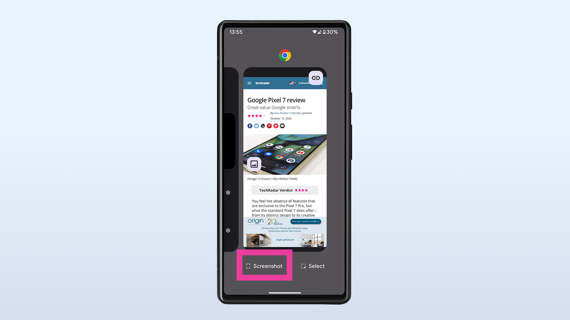 Screenshot of a Google Pixel 6 on a blue background, showing the screenshot taking place