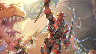 Deadpool raises a flag while holding a katana in his other hand