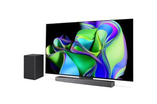 LG SC9 soundbar and OLED TV on white background