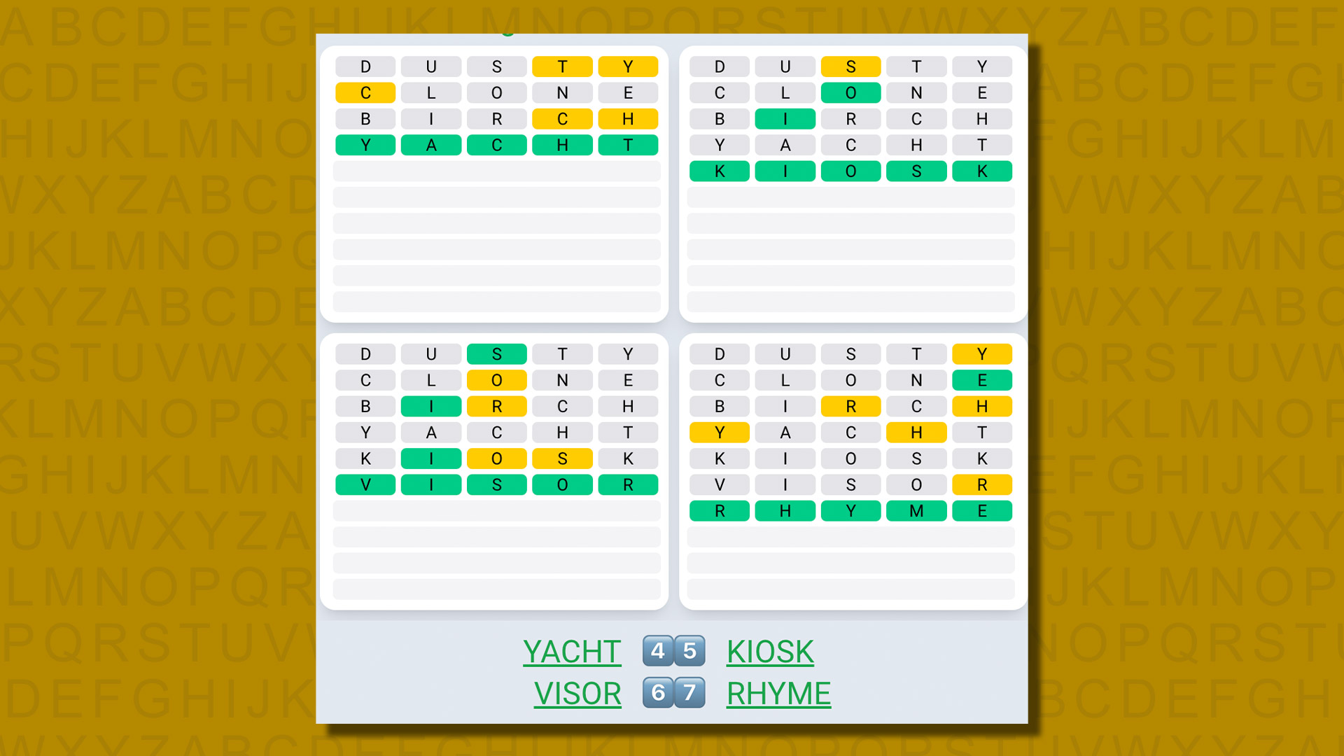 Quordle daily sequence answers for game 569 on a yellow background