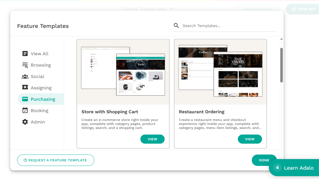 List of pre-built templates available in Adalo