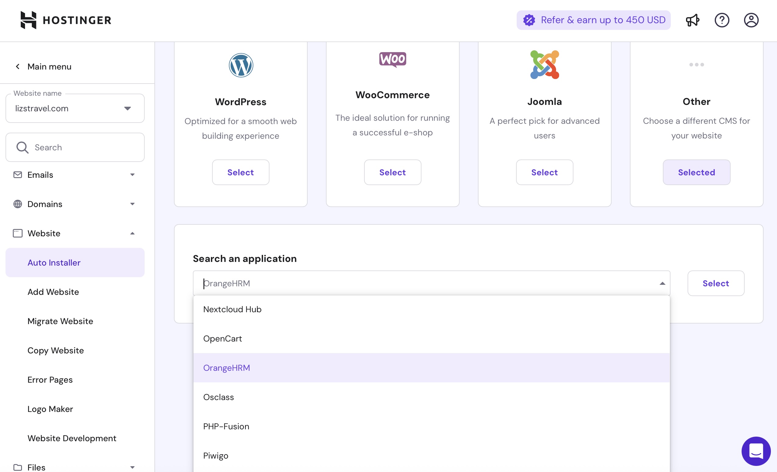 Screenshot showing how to install OrangeHRM on Hostinger