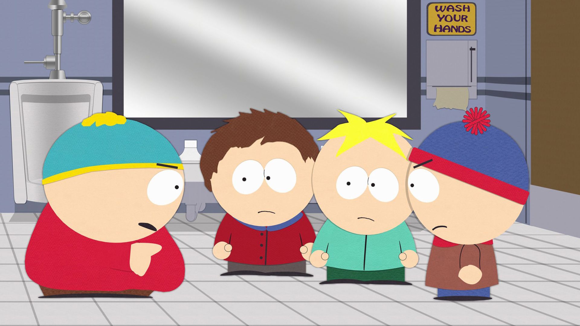 Eric gives Stan and two other kids a lecture in the restrooms