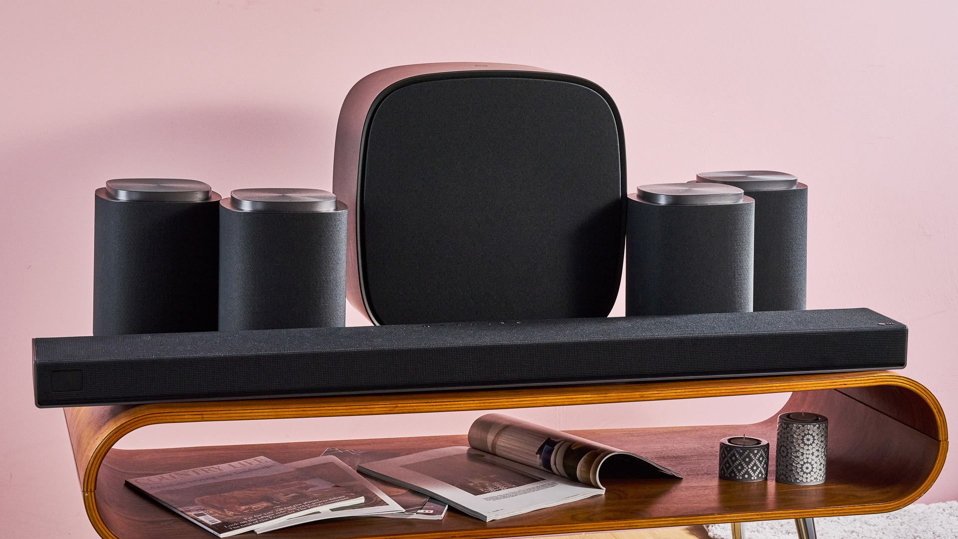 LG Sound Suite Quad Suite setup on table