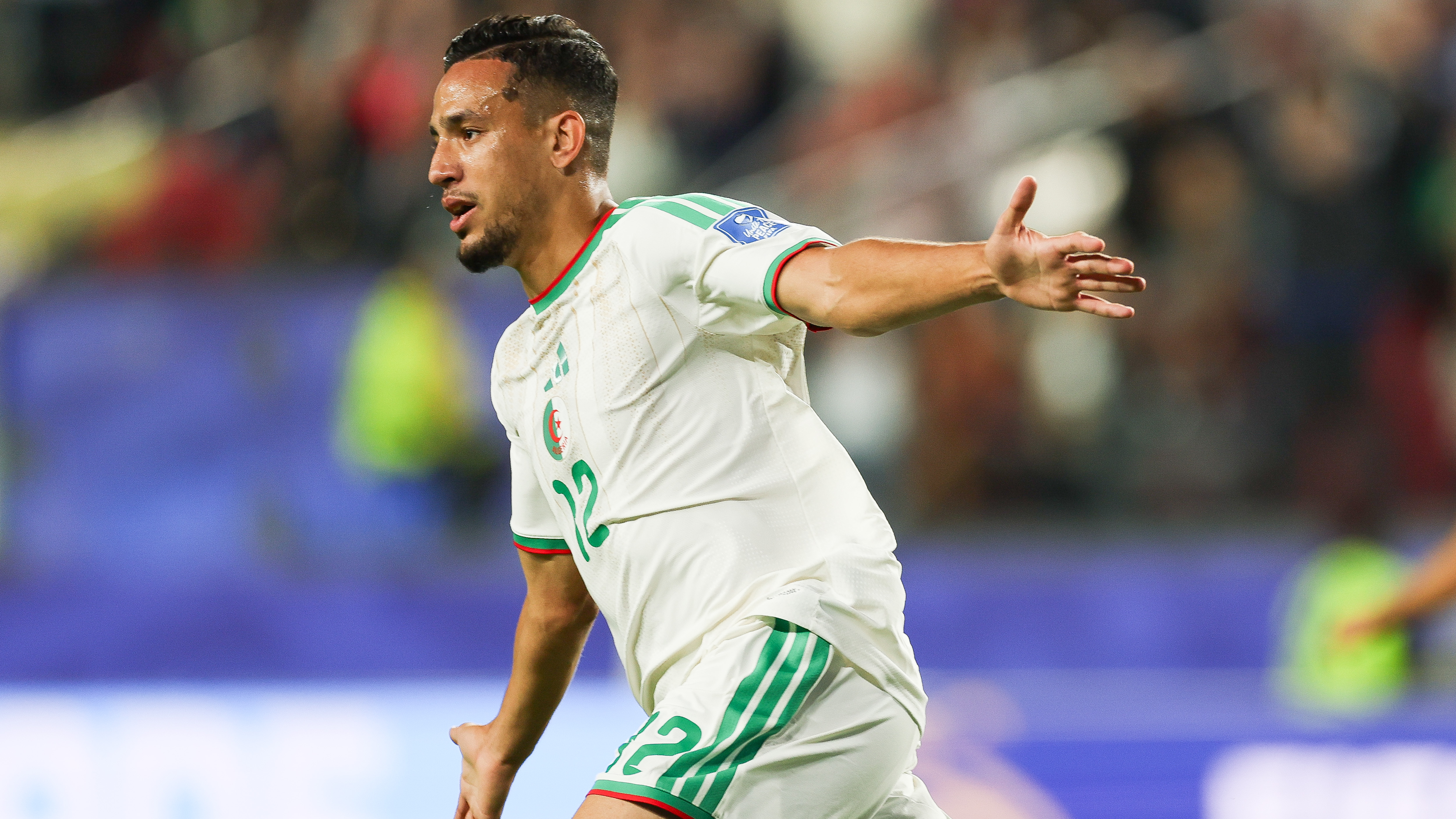 Nadhir Benbouali #12 of Algeria celebrates after scoring his team's first goal during the FIFA World Cup 2026 Group J match between Jordan and Algeria