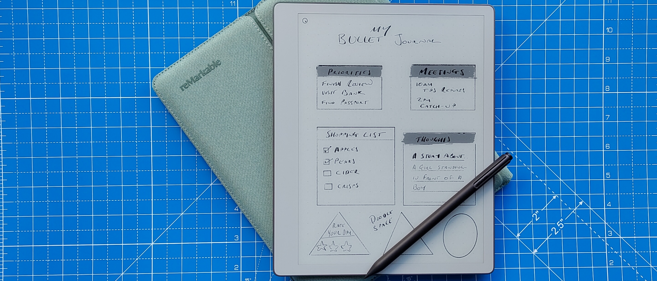 reMarkable Paper Pure, sleeve, and Marker Plus on a blue grid mat